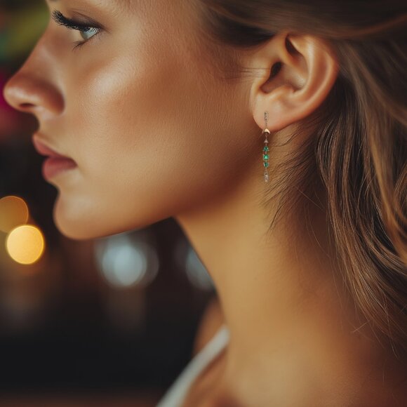 Green Zircon Dangle Earrings Gold Crescent Moon Drop Earrings Celestial Jewelry - Picture 5 of 8